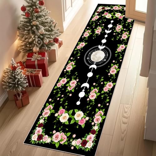 Jijliczc Rosen Blumen Anlage Teppichläufer rutschfest Waschbar 60x210 cm, Mond Blumenmuster Küchenteppich Flurteppich Teppich Läufer für Flur, Eingangsbereich, Küche, Wohnzimmer von Jijliczc