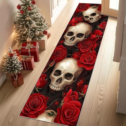 Jijliczc Rosen Blumen Romantisch Teppich Läufer rutschfest Waschbar 80x150 cm, Furcht Skeleton Gotisch Flurteppich Küchenteppich Teppichläufer für Bettvorleger Wohnraum Flur Waschküche von Jijliczc