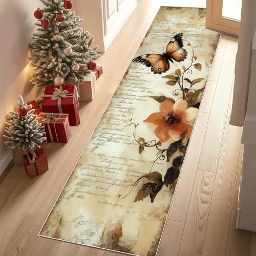 Jijliczc Schmetterling Blumen Teppich Läufer 60x150 cm Retro Insekten Anlage Teppiche rutschfest Waschbar Bettumrandung Schlafzimmer, Teppichläufer für Küche, Flur, Eingangsbereich von Jijliczc