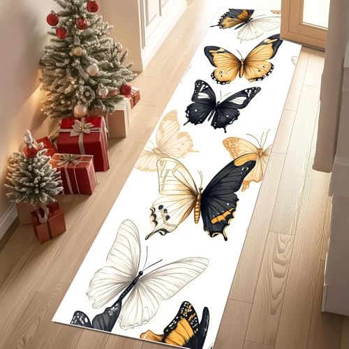 Jijliczc Schmetterling Insekten Teppich Läufer 60x150 cm Modern Ästhetik Teppiche rutschfest Waschbar Bettumrandung Schlafzimmer, Teppichläufer für Küche, Flur, Eingangsbereich von Jijliczc