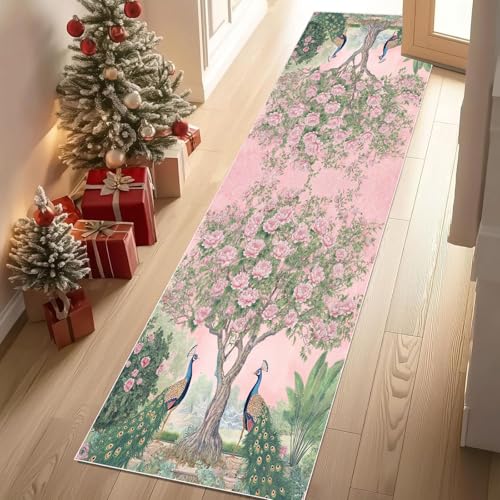 Jijliczc Schönheit Blumen Baum Teppich Läufer Flur Pfau Modern Ästhetik Teppichläufer Küchenläufer Carpet rutschfest Waschbar für Bettvorleger Flur Küche Waschküche 80x180 cm von Jijliczc