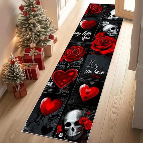 Jijliczc Skeleton Liebe Rosen Teppich Flur Läufer Furcht romantisch Blumen Teppichläufer Küchenläufer Carpet rutschfest Waschbar für Bettvorleger Flur Küche Waschküche 80x100 cm von Jijliczc