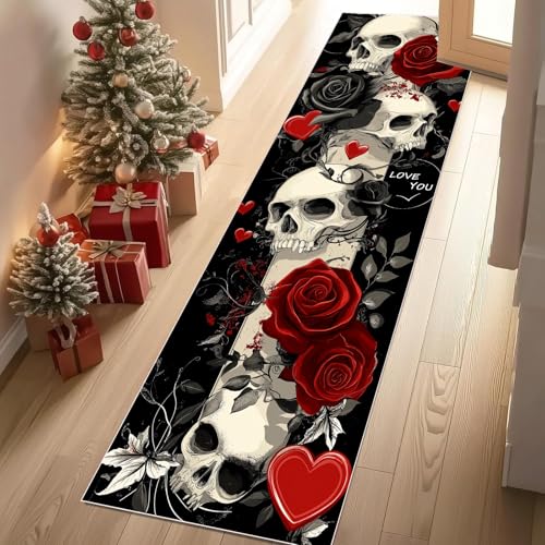Jijliczc Skeleton Liebe Rosen Teppich Läufer rutschfest Waschbar 80x150 cm, Furcht romantisch Blumen Flurteppich Küchenteppich Teppichläufer für Bettvorleger Wohnraum Flur Waschküche von Jijliczc