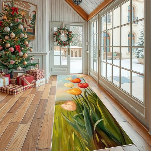 Jijliczc Tulpe Blumen Anlage Teppichläufer rutschfest Waschbar 60x210 cm, Blumenmuster Malerei Kunst Küchenteppich Flurteppich Teppich Läufer für Flur, Eingangsbereich, Küche, Wohnzimmer von Jijliczc