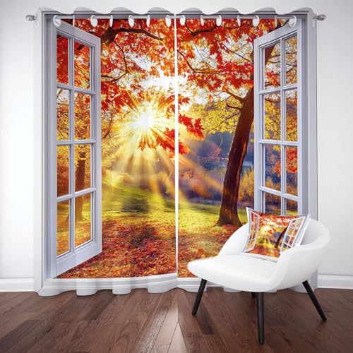 Jijliczc Verdunklungsvorhänge 3D Fenster Landschaft, Vorhänge Sonnenlicht Herbst Baum Blatt Blickdicht 2er Set, Gardinen Ösen, Abdunkelnde Vorhänge Wohnzimmer H145xB140cm für Fensterdekoration Jijliczc Verdunklungsvorhänge 3D Fenster Landschaft, Vorhänge Sonnenlicht Herbst Baum Blatt Blickdicht 2er Set, Gardinen Ösen, Abdunkelnde Vorhänge Wohnzimmer H145xB140cm für Fensterdekoration von Jijliczc