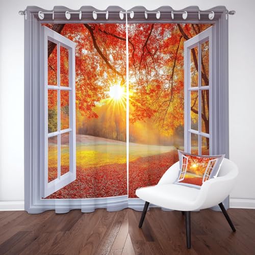 Jijliczc Verdunklungsvorhänge 3D Fenster Landschaft, Vorhänge Sonnenlicht Herbst Baum Blatt Blickdicht 2er Set, Gardinen Ösen, Abdunkelnde Vorhänge Wohnzimmer H145xB140cm für Fensterdekoration Jijliczc Verdunklungsvorhänge 3D Fenster Landschaft, Vorhänge Sonnenlicht Herbst Baum Blatt Blickdicht 2er Set, Gardinen Ösen, Abdunkelnde Vorhänge Wohnzimmer H145xB140cm für Fensterdekoration von Jijliczc