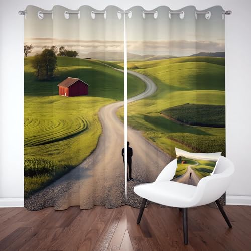 Jijliczc Verdunklungsvorhänge Karikatur Natur Landschaft, Vorhänge Berg Ländlich Straße Blickdicht 2er Set, Gardinen Ösen, Abdunkelnde Vorhänge Wohnzimmer Schlafzimmer H145xB140 für Fensterdekoration von Jijliczc
