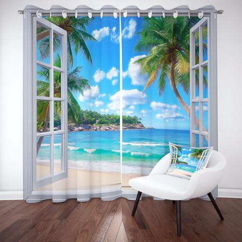Jijliczc Verdunklungsvorhänge Natur Landschaft Meer, Vorhang Blickdicht 3D Fenster Kokosnussbaum, Schlafzimmer Ösenschal 2er Set 200x140cm(HxB), Gardinen Wohnzimmer Thermovorhang Raumdekoration von Jijliczc