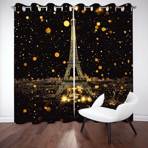 Jijliczc Vorhang Blickdicht Eiffelturm Runde Muster Vorhänge Wohnzimmer 2er Set 166x75cm(HxB) Urbane Architektur Blackout Curtain Schlafzimmer, Thermal Verdunklungsvorhänge mit Ösen von Jijliczc