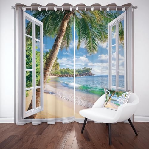 Jijliczc Vorhang Natur Landschaft Meer 2er Set H166xB75cm, Gardinen 3D Fenster Kokosnussbaum Blickdicht, Verdunklungsvorhänge mit Ösen, Thermal Curtains Blackout Geeignet für Schlafzimmer, Wohnzimmer von Jijliczc