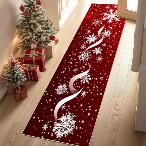 Jijliczc Weihnachten Schneeflocke Teppich Läufer rutschfest Waschbar 80x150 cm, Rot Weiß Winter Flurteppich Küchenteppich Teppichläufer für Bettvorleger Wohnraum Flur Waschküche von Jijliczc