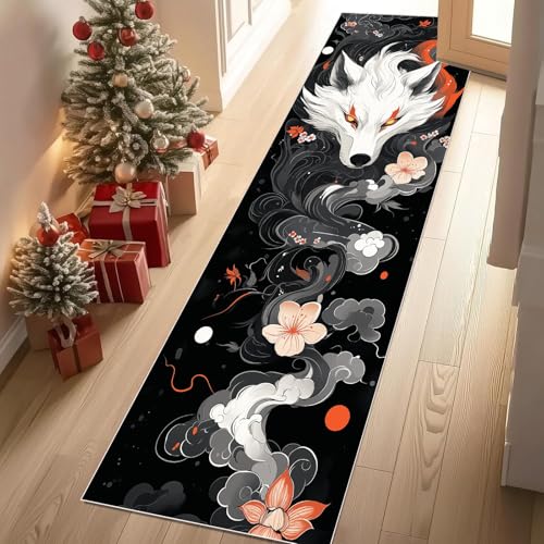 Jijliczc Wolf Tierwelt Teppich Flur Läufer 60 x 240 cm Tier Blumen Wolken Teppichläufer Küchenläufer Teppiche rutschfest Waschbar für Bettvorleger Flur Küche Waschküche von Jijliczc