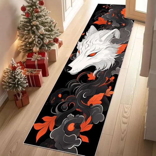 Jijliczc Wolf Tierwelt Teppich Läufer rutschfest Waschbar 80x150 cm, Tier Blumen Blatt Wolken Flurteppich Küchenteppich Teppichläufer für Bettvorleger Wohnraum Flur Waschküche von Jijliczc
