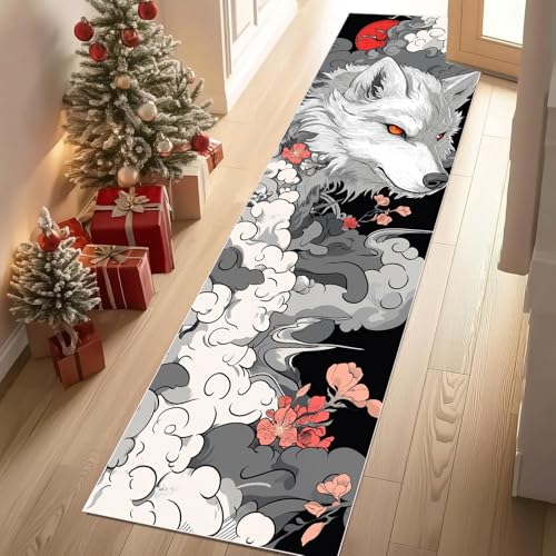 Jijliczc Wolf Tierwelt Teppich Läufer rutschfest Waschbar Tier Blumen Wolken Flurteppich Küchenteppich 80x240 cm, Teppichläufer für Bettvorleger Wohnraum Flur Waschküche von Jijliczc