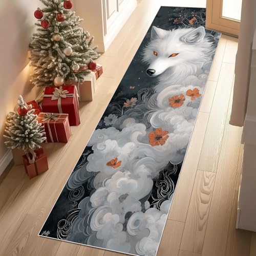 Jijliczc Wolf Tierwelt Teppichläufer rutschfest Waschbar 60x180 cm, Tier Blumen Anlage Wolken Küchenteppich Flurteppich Teppich Läufer für Flur, Eingangsbereich, Küche, Wohnzimmer von Jijliczc