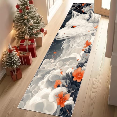 Jijliczc Wolf Tierwelt Teppichläufer rutschfest Waschbar 60x210 cm, Tier Blumen Anlage Wolken Küchenteppich Flurteppich Teppich Läufer für Flur, Eingangsbereich, Küche, Wohnzimmer von Jijliczc