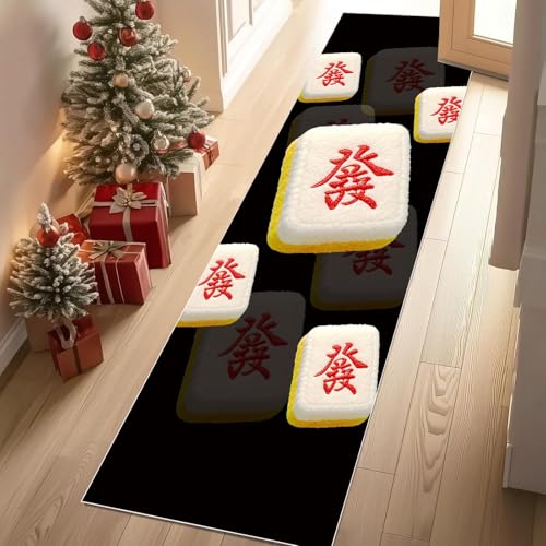 Jijliczc chinesisch Mahjong Teppichläufer rutschfest Waschbar 60x210 cm, Werde reich Thema Küchenteppich Flurteppich Teppich Läufer für Flur, Eingangsbereich, Küche, Wohnzimmer von Jijliczc