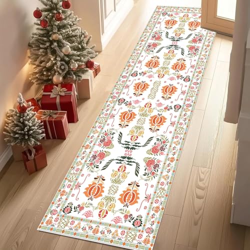 Jijliczc ländlich Blumen Anlage Teppich Läufer rutschfest Waschbar 66x300 cm, Blumenmuster Pflanzendrucke Flurteppich Küchenteppich Teppichläufer für Bettvorleger Wohnraum Flur Waschküche von Jijliczc