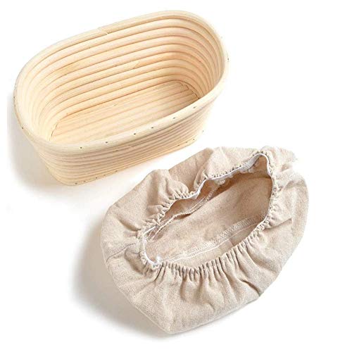 1 x ovaler Banneton-Gärkorb, Rattan-Bambuskorb, Brotform-Sauerteig-Gärkörbchen, natürliches Rattan-Schüssel zum Aufstellen von Brot und Teig, Sauerteigbrot, Starterglas-Set (15 x 8 x 5 cm + Tuch) von Jilijia