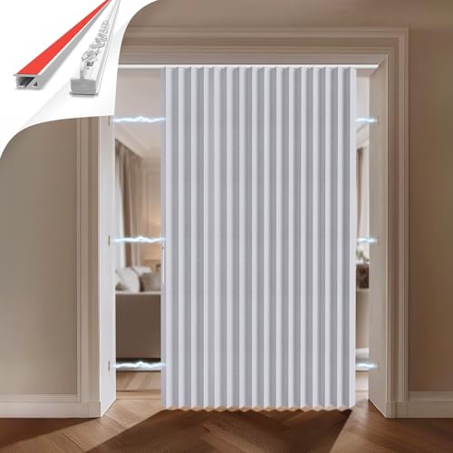 JILRON 100% Blickdichter Türvorhang – Faltbares Akordion-Design mit Magnetverschluss & Klebemontage ohne Bohren, inkl. Schiene – Für Terrassentüren oder Glastüren, Weiß, 201x180 cm von Jilron