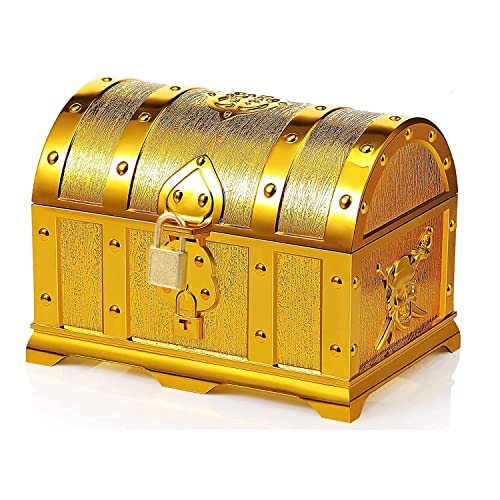 Jilskl Gold Piratenkiste, Pirat Schatztruhe, Sschatzkiste Kinder, Kleine Schatztruhe, Schatztruhe Mit Schloss, Vergoldete Piratenschatzkiste, für Geburtstagsgeschenke, Partygeschenke, Rollenspiele von Jilskl