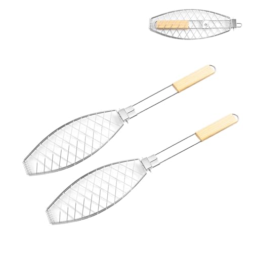 Pack of 2 Grill Fish Rack, Foldable Grill Grid, Fish Grill Holders With Wooden Handle, Suitable for Outdoor Use, Used for Grilling and Barbecue Grills (63 x 12cm) von Jilskl
