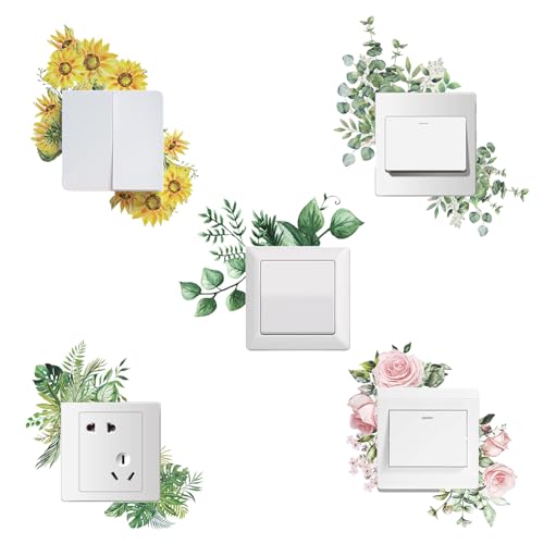 Pack of 5 Flowers Light Switch Sticker, Flower Wall Switch Sticker, Green Plant Leaf Light Switch Sticker, PVC Floral Light Switch Sticker, Suitable for kitchens, living rooms, bedrooms, bathrooms von Jilskl