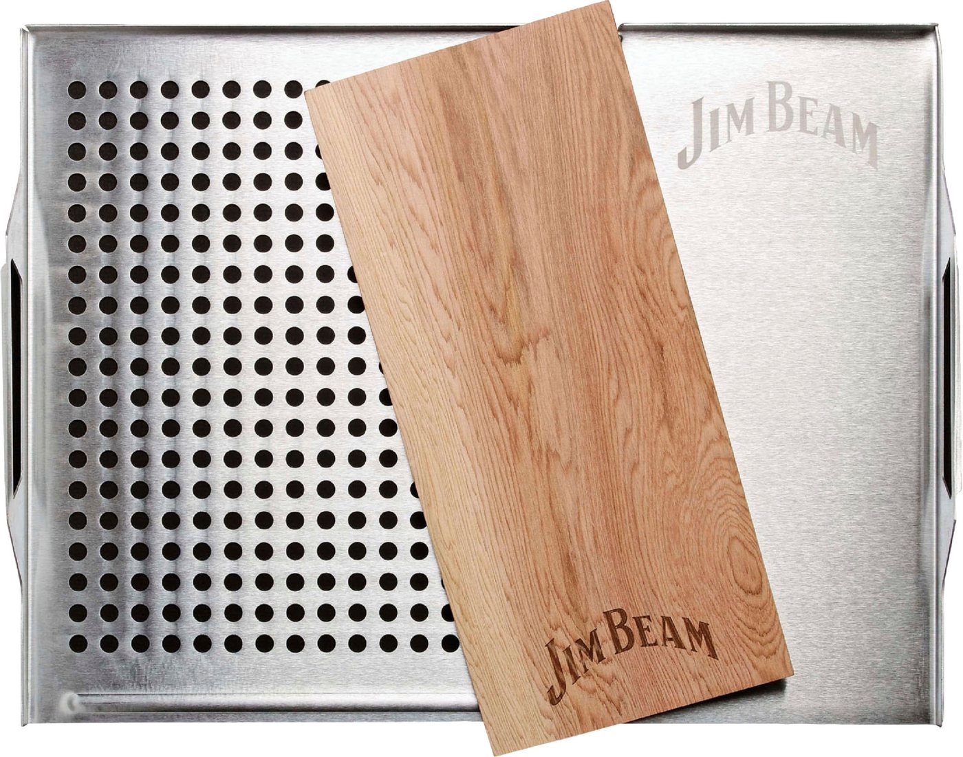 Jim Beam BBQ Grillerweiterung Edelstahl-Platte (Set), 59x30 cm, mit Zedernholz Räucherbrett für Grillgut, Fisch, Gemüse von Jim Beam BBQ