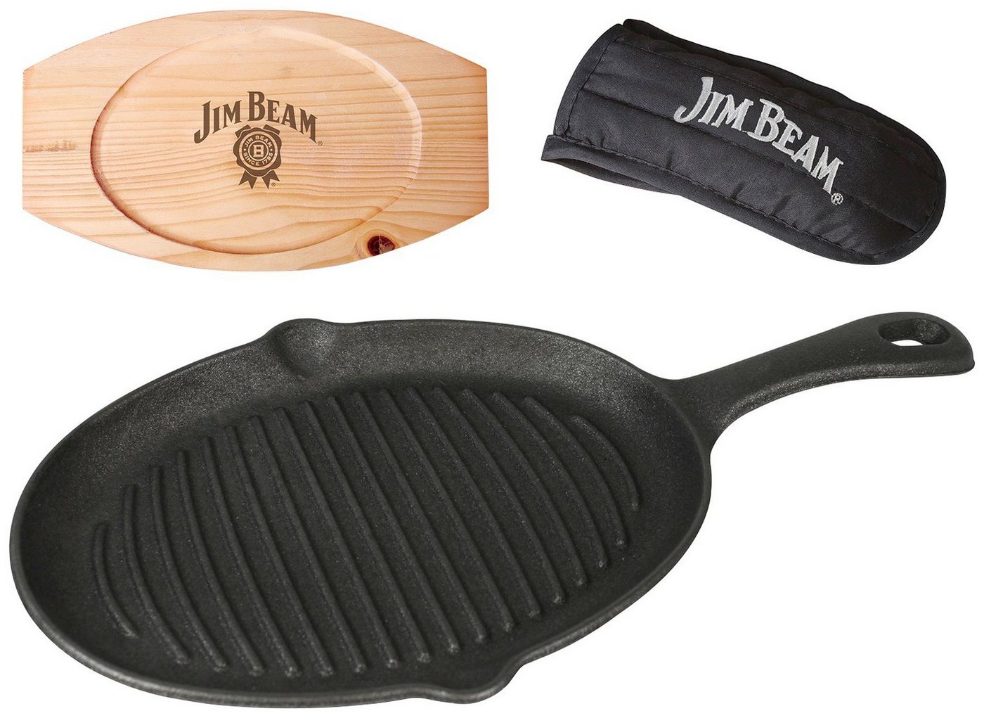 Jim Beam BBQ Grillpfanne, Gusseisen (Set), 4 Stk., inkl. Griffüberzug und Holzuntersetzer von Jim Beam BBQ