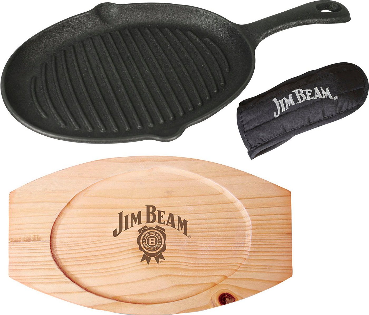 Jim Beam BBQ Grillpfanne, Gusseisen (Set, 3-tlg), inkl. Holzuntersetzer und Griffüberzug von Jim Beam BBQ