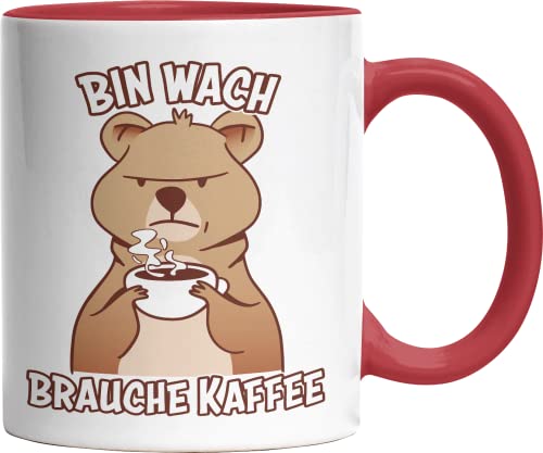 Bin wach brauche Koffein Quokka witzig bedruckte Kaffeetasse Lustige Sprüche Tasse zweifarbig rot von Jimbeels