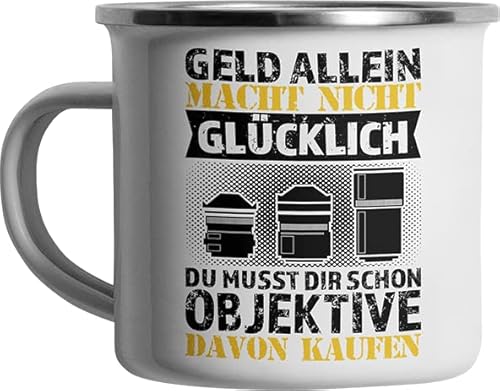 Geld alleine macht nicht gluecklich Objektive lustig bedruckte Emailletasse Lustige Sprüche Emaille Tasse von Jimbeels