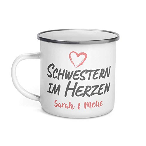 Jimbeels® Schwestern im Herzen | Emaille-Tasse Anpassbar | Geschenk für die Beste Freundin | Emailletasse Personalisierbar mit Wunschname | Beste Freundinnen von Jimbeels