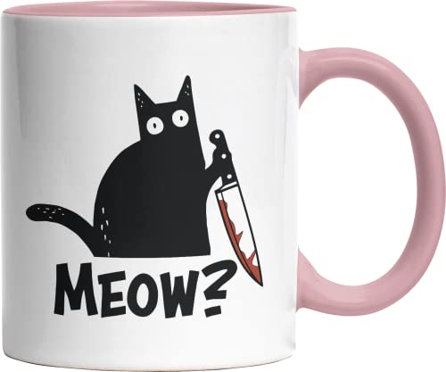 Meow Murder Katze witzig bedruckte Kaffeetasse Lustige Sprüche Tasse zweifarbig altrosa von Jimbeels