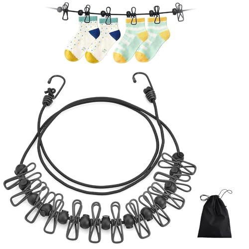 Jimkply 1 Stück Elastische Wäscheleine mit Clips, Wäscheleine mit 12 Clips (1.8-3.6m), Winddicht und verstellbar, für Reisen, Outdoor, Schlafsaal, Inkl. 1 Aufbewahrungstasche (Schwarz) von Jimklpy