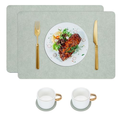 Jimkply 2er Set Tischsets aus Kunstleder, Doppelseitige Platzsets, Tischsets Abwaschbar, mit Rutschfeste Untersetzer für Teller und Gläser, Hitzebeständig und Abwaschbar (Grün Weiß) von Jimklpy