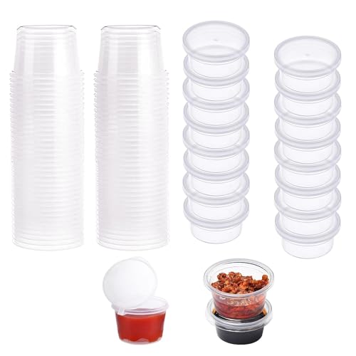 Jimkply 50 Stück Saucenbecher mit Scharnierdeckel, Auslaufsichere Kunststoff-Dressingschälchen mit Deckel, Wiederverwendbar, für Sauce, Dip, Gewürz und Takeaway (50ml) von Jimklpy