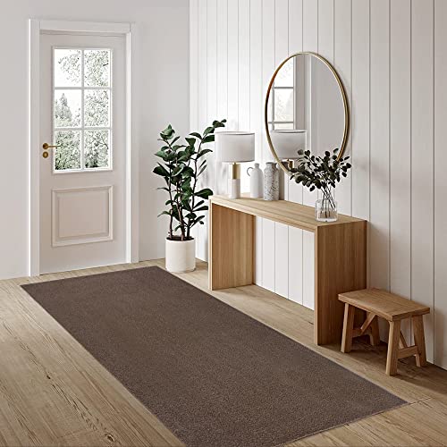 Fashion4Home Teppich Wohnzimmer – Einfarbig Teppich, Uni Teppich fürs Kinderzimmer, Schlafzimmer, Arbeitszimmer, Büro, Flur und Küche - Kurzflor Teppich Braun-Taupe, Größe: 80x250 cm von Jimri