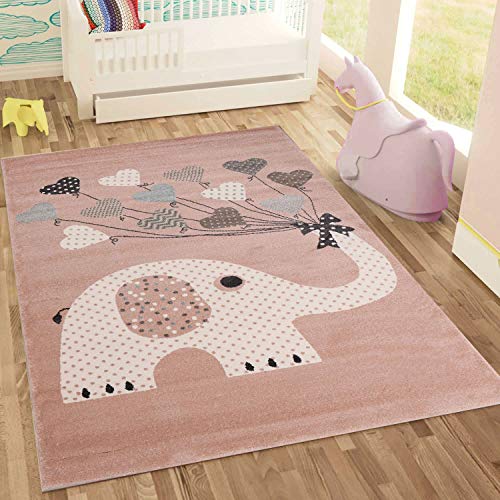 Fashion4Home | Kinderteppiche Elefant mit Herzen Ballons | Kinderteppich für Mädchen und Jungs | Teppich für Kinderzimmer | Schadstofffrei,160x230 cm, Rosa von Jimri