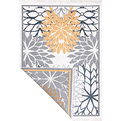 Fashion4Home Teppich Läufer - Tepiche für Wohnzimmer, Schlafzimmer, Küche, Kinderzimmer, Badezimmer - Boho Kelim - Läufer Flur, Orient-Blau-Gold, Größe: 140x200 cm von Jimri