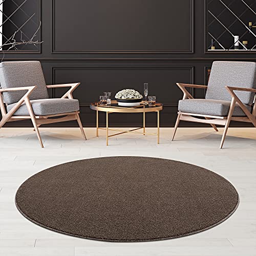 Fashion4Home Teppich Wohnzimmer – Einfarbig Teppich, Uni Teppich fürs Kinderzimmer, Schlafzimmer, Arbeitszimmer, Büro, Flur und Küche - Kurzflor Teppich Braun-Taupe, Größe: 200 cm Rund von Jimri