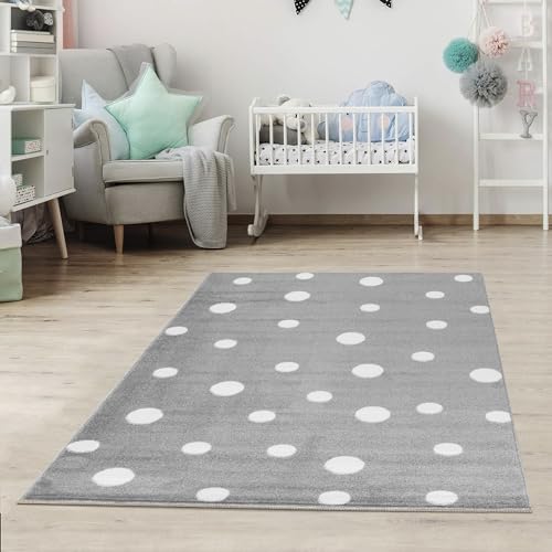 Jimri Kinderteppich DOTS l Pünktchen Gepunktet l Öko-Tex Siegel | Farbe: Beige Blau Rosa | Kinderzimmer/Jugendzimmer (Grau, 80x150 cm) von Jimri