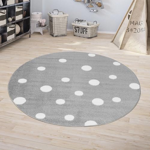 Jimri Kinderteppich DOTS l Pünktchen Gepunktet l Öko-Tex Siegel | Farbe: Beige Blau Rosa | Kinderzimmer/Jugendzimmer (Grau, Ø 150 cm Rund) von Jimri