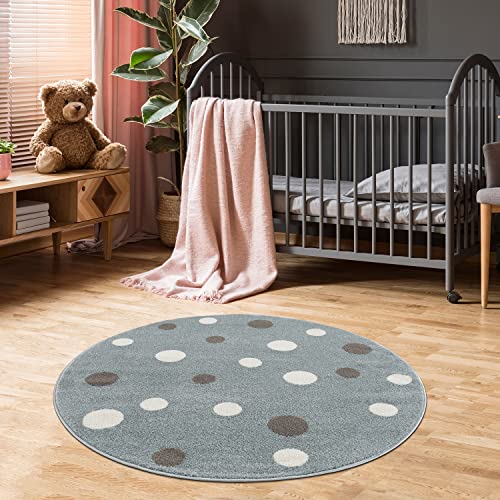 Jimri Kinderteppich DOTS l Pünktchen Gepunktet l Öko-Tex Siegel | Farbe: Beige Blau Rosa | Kinderzimmer/Jugendzimmer (Mint, Ø 120 cm Rund) von Jimri