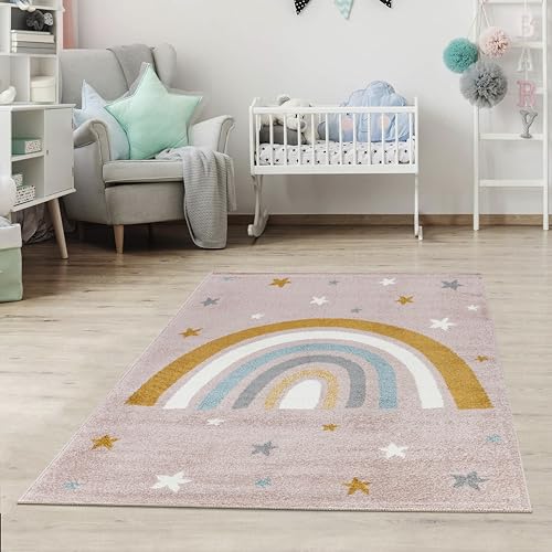 Jimri Kinderteppich DOTS l Pünktchen Gepunktet l Öko-Tex Siegel | Farbe: Beige Blau Rosa | Kinderzimmer/Jugendzimmer (Pink, 120 x 170 cm) von Jimri