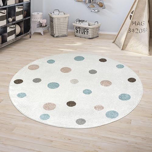 Jimri Kinderteppich DOTS l Pünktchen Gepunktet l Öko-Tex Siegel | Farbe: Beige Blau Rosa | Kinderzimmer/Jugendzimmer (Weiß, Ø 150 cm Rund) von Jimri