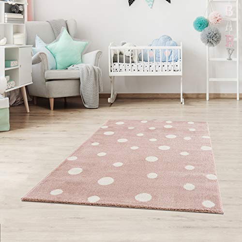 Jimri Kinderteppich DOTS l Pünktchen Gepunktet l Öko-Tex Siegel | Farbe: Beige Blau Rosa | Kinderzimmer/Jugendzimmer von Jimri