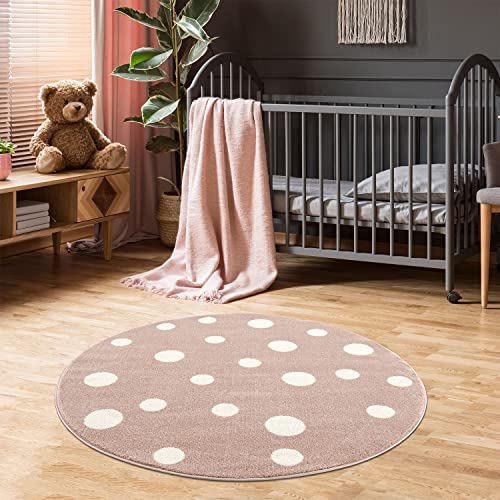 Jimri Kinderteppich DOTS l Pünktchen Gepunktet l Öko-Tex Siegel | Farbe: Beige Blau Rosa | Kinderzimmer/Jugendzimmer (Rosa, Ø 150 cm Rund) von Jimri