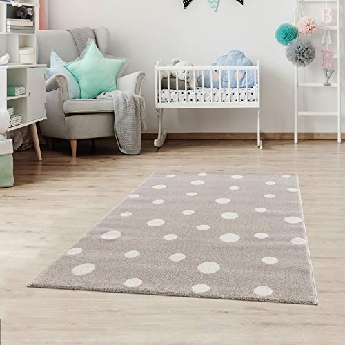 Jimri Kinderteppich DOTS l Pünktchen Gepunktet l Öko-Tex Siegel | Farbe: Beige Blau Rosa | Kinderzimmer/Jugendzimmer (Beige, 80x150 cm) von Jimri