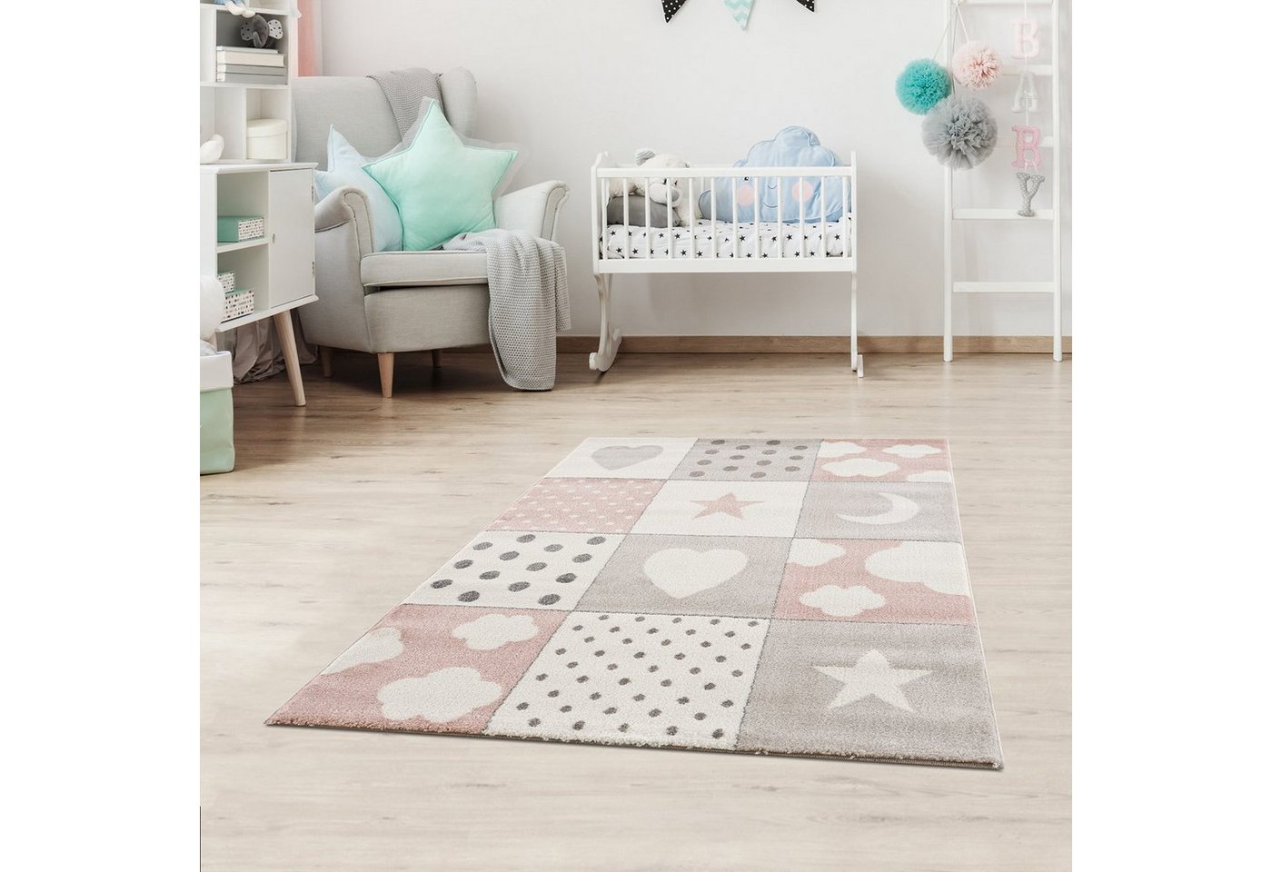 Jimri Kinderteppich Happy Friends Teppich für Kinderzimmer, Kinderteppich Bär Hase Panda, Läufer von Jimri